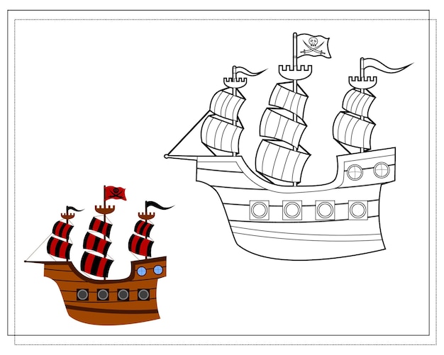 白い背景に分離された海賊船ベクトルの子供のための塗り絵