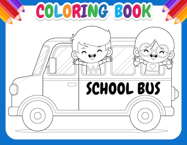 Libro da colorare per bambini. scuolabus con bambini felici