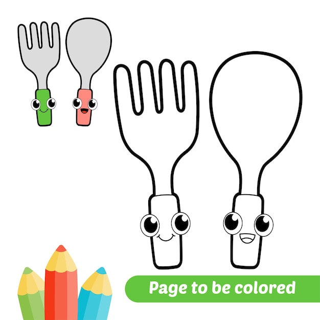 Coloring book for kids spoon and fork vector