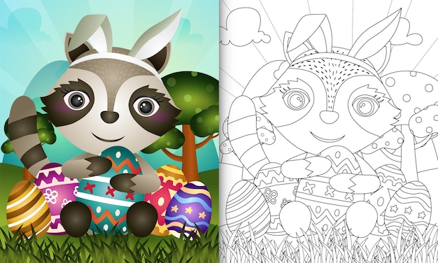 Coloring book for kids themed easter with a cute raccoon using bunny ears