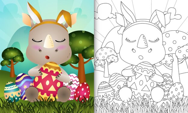 Libro da colorare per bambini a tema pasqua con un simpatico rinoceronte con orecchie da coniglio