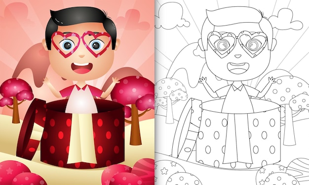 Coloring book for kids with a cute boy in the gift box themed valentine day