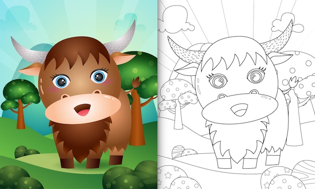 Coloring book for kids with a cute buffalo character illustration