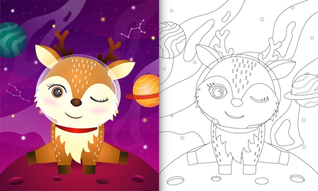 Coloring book for kids with a cute deer in the space galaxy