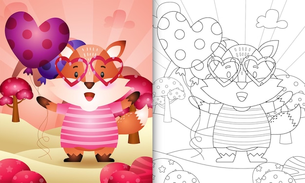 Coloring book for kids with a cute fox holding balloon themed valentine day