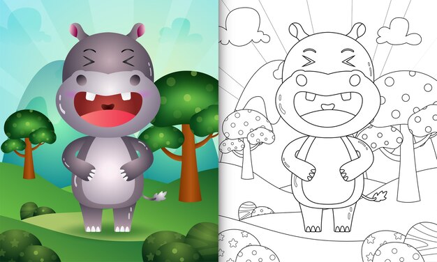 Libro da colorare per bambini con un simpatico personaggio di ippopotamo