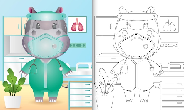 Libro da colorare per bambini con un simpatico personaggio ippopotamo