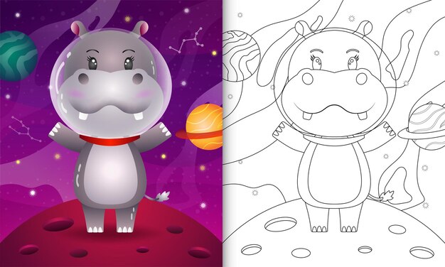 宇宙銀河でかわいいカバと子供のための塗り絵