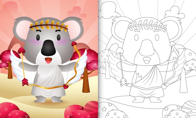 Libro da colorare per bambini con un simpatico angelo koala usando il costume di cupido a tema san valentino