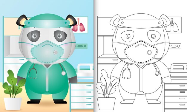 Libro da colorare per bambini con un simpatico personaggio di panda utilizzando il costume del team medico