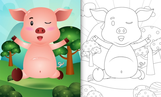 Libro da colorare per bambini con un simpatico personaggio di maiale illustrazione