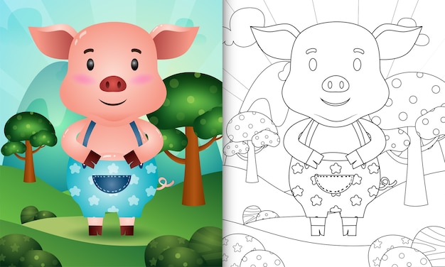 Libro da colorare per bambini con un simpatico personaggio di maiale illustrazione