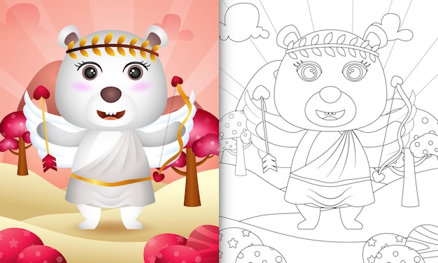 Libro da colorare per bambini con un simpatico angelo orso polare con costume da cupido a tema san valentino