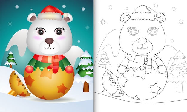 Coloring book for kids with a cute polar bear using santa hat and scarf in christmas ball