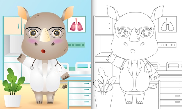 Coloring book for kids with a cute rhino doctor character