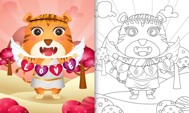 Libro da colorare per bambini con un simpatico angelo tigre che usa il costume di cupido con la bandiera a forma di cuore