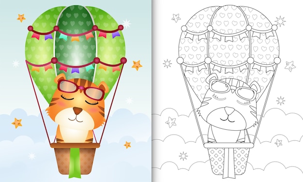 Libro da colorare per bambini con una tigre carina in mongolfiera