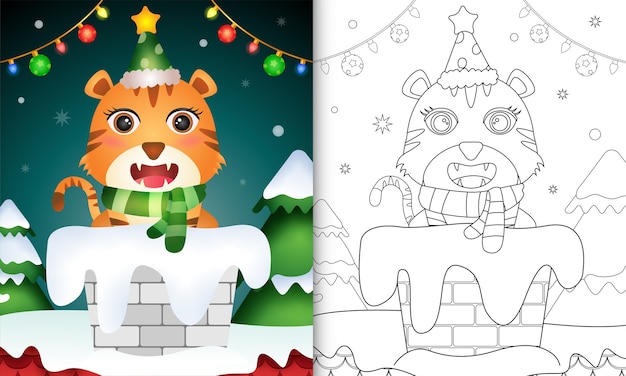 Coloring book for kids with a cute tiger using hat and scarf in chimney