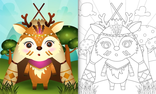 Coloring book for kids with a cute tribal boho deer character illustration