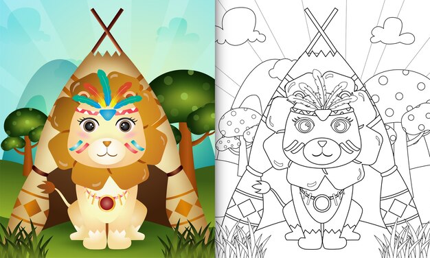 Coloring book for kids with a cute tribal boho lion character