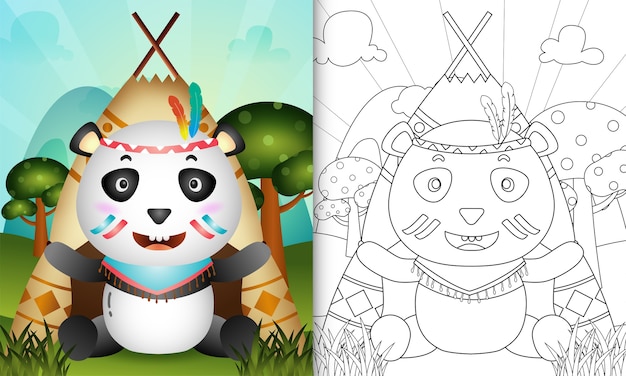 Coloring book for kids with a cute tribal boho panda character