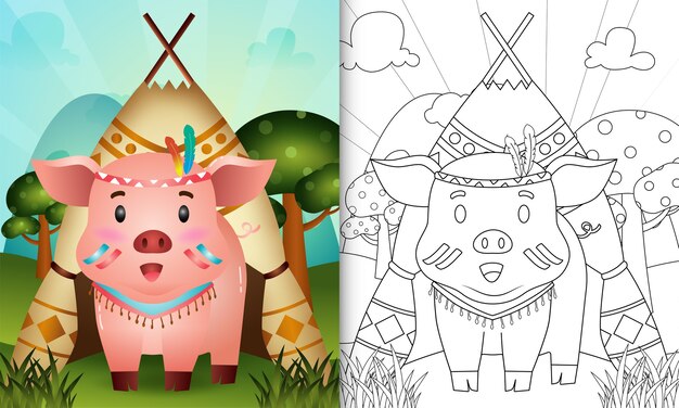 Coloring book for kids with a cute tribal boho pig character illustration