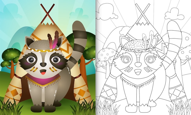 Coloring book for kids with a cute tribal boho raccoon character