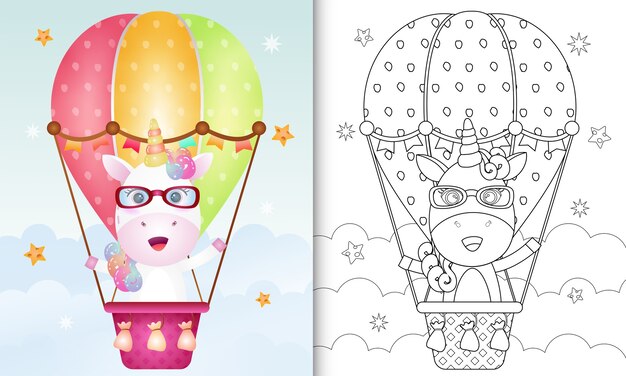 Coloring book for kids with a cute unicorn on hot air balloon