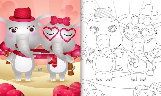 Coloring book for kids with cute valentine's day elephant couple