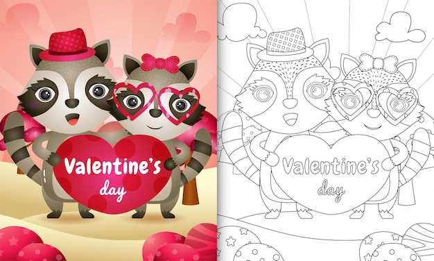 Coloring book for kids with Cute valentine's day raccoon couple illustrated