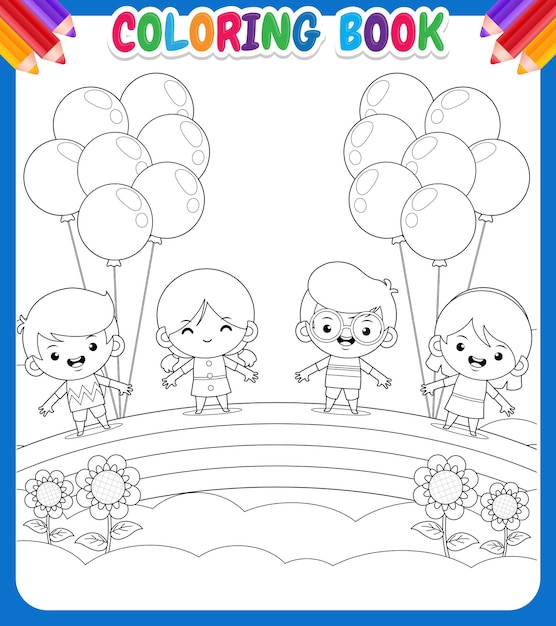 Libro da colorare per bambini con disegno di bambini che tengono palloncini sopra un arcobaleno