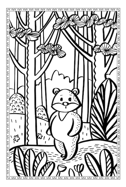 Coloring book for kids with fairy forest and cute bear