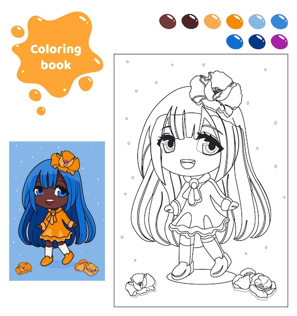 Coloring book for kids Worksheet for drawing with cartoon anime girl Cute child with poppies