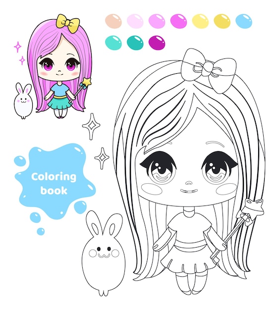 Coloring book for kids worksheet for drawing with cartoon anime girl cute girl with bunny