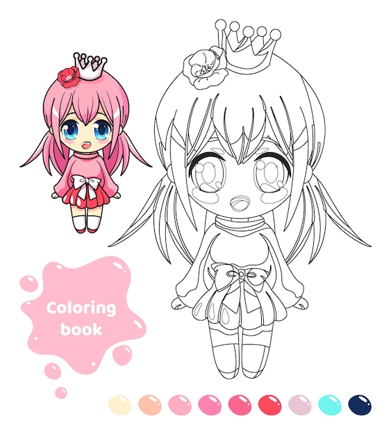 Libro da colorare per bambini foglio di lavoro per disegnare con una ragazza anime cartoon principessa carina con corona