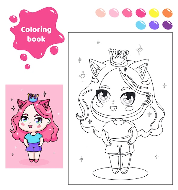 Coloring book for kids Worksheet for drawing with cartoon anime girl Cute princess with crown