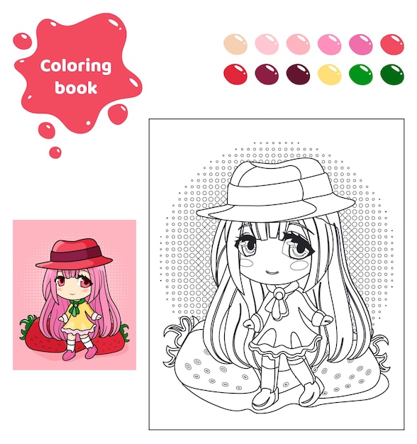 Coloring book for kids Worksheet for drawing with cartoon anime girl in a hat