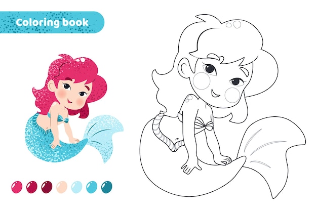 Coloring book for kids Worksheet for drawing with cartoon mermaid Cute magical creature with tail
