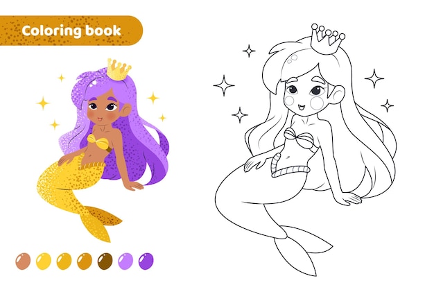 Coloring book for kids Worksheet for drawing with cartoon mermaid Cute magical creature