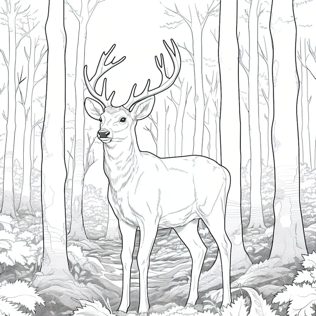 Vector coloring book line art of a deer looking up in the woods