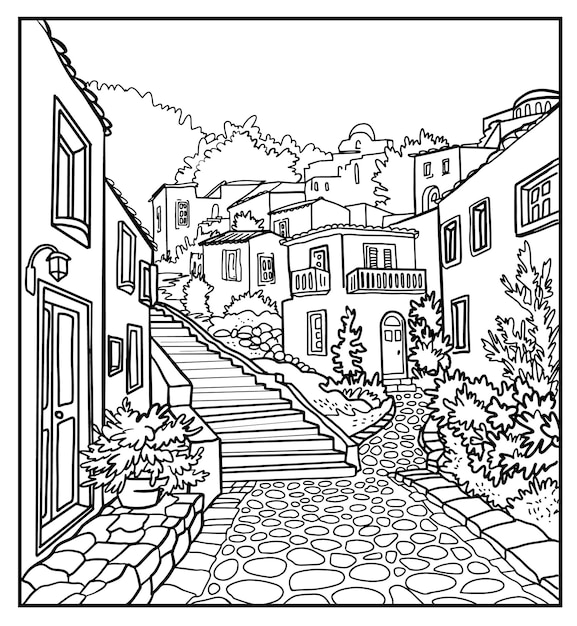 Coloring book Lovely cozy old seaside street Vector art line background