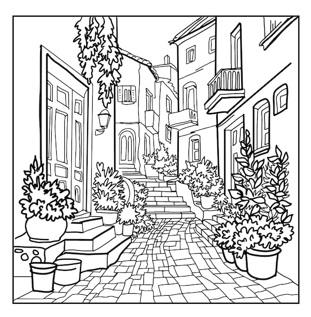 Coloring book Lovely cozy old seaside street Vector art line background