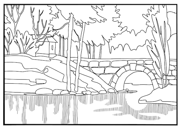 Coloring book lovely landscape river bridge and trees vector
art line background