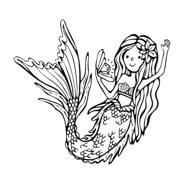Coloring book mermaid with pearl Hand drawn vector line art Coloring page for children and adults