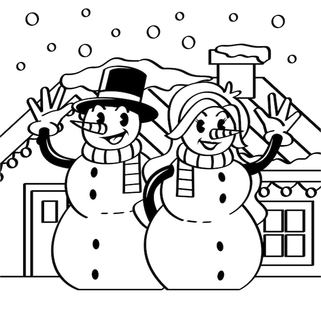 Coloring Book Mr and Mrs Snowman Under The Snowflakes Vintage Style Cartoon Character Hand Drawing