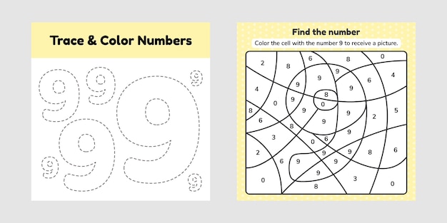 子供のためのぬりえ帳番号。就学前、幼稚園、学齢のためのワークシート。トレース線。ナインを書いて、色をつけます。