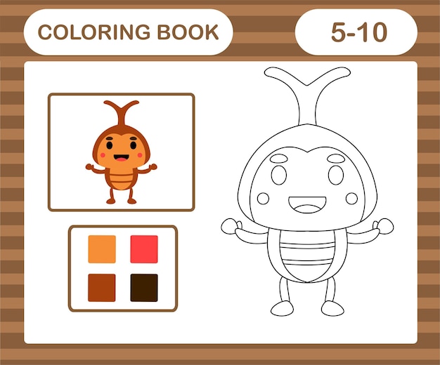색칠하기 책 또는 페이지 만화 귀여운 딱정벌레, 5세 및 10세 어린이를 위한 교육 게임