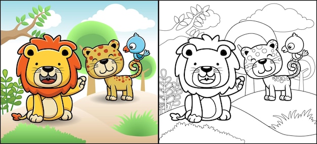 Книжка-раскраска или страница мультфильма забавных животных. маленькая птичка сидит на хвосте леопарда, а лев смеется