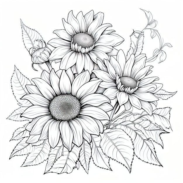 coloring book page black and white sunflowers