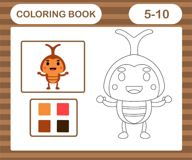 Libro da colorare o cartone animato carino scarabeo, gioco educativo per bambini di età compresa tra 5 e 10 anni